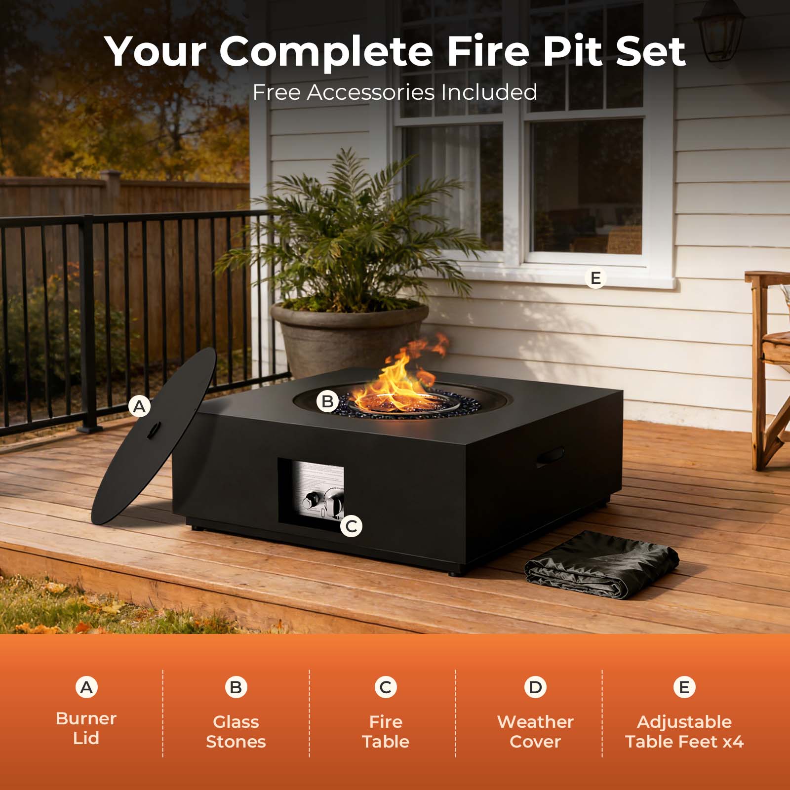 Propane Fire Pit Table 28 Inch Square 40000 BTU 2-in-1 with CSA Certification