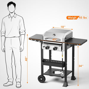 Propane Gas BBQ Grill 2-Burner Barbecue Grills with Cast Iron Frying Pan and Grates Combo, 16000 BTU Output Stainless Steel Grill for Outdoor Cooking, Patio, Backyard Party R.W.FLAME