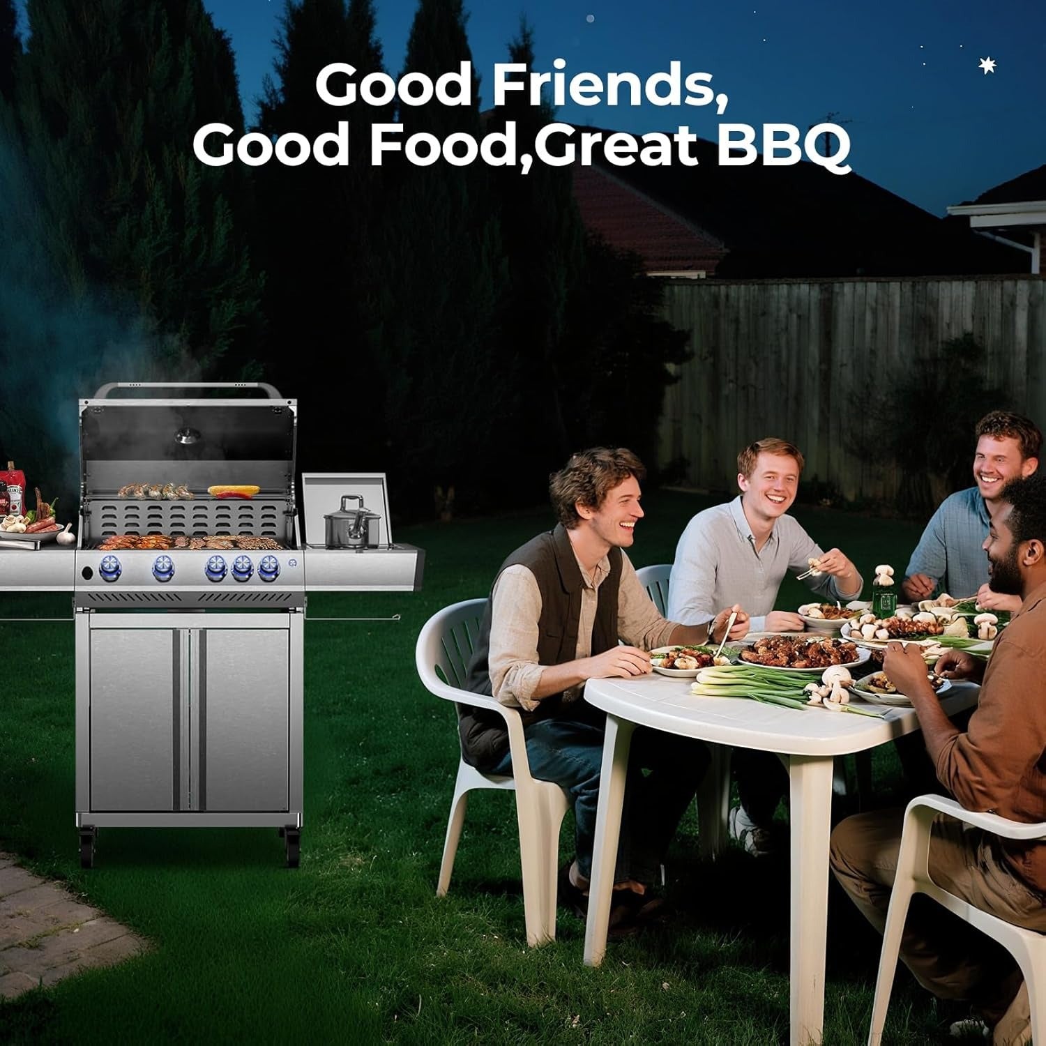 R.W.FLAME Food Grade 304 Stainless Steel 4-Burner Propane Gas Grill, Last-Long BBQ Grill with Side Burner, 42000 BTU Barbecue Grill with Cooking Grids & Cooking Tray & Pizza Stone for Backyard, Patio