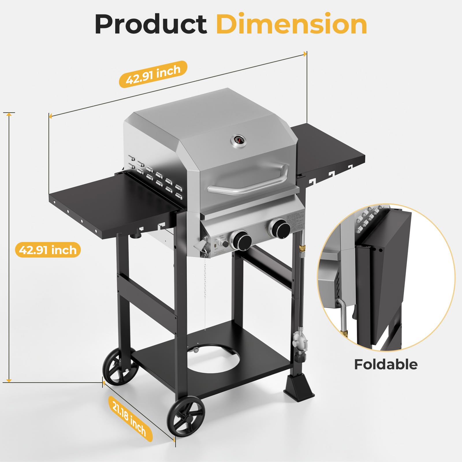 2 Burner 16,000 BTU Stainless Steel Propane Gas Grill with Folding Side Tables, Convertible to Tabletop Design