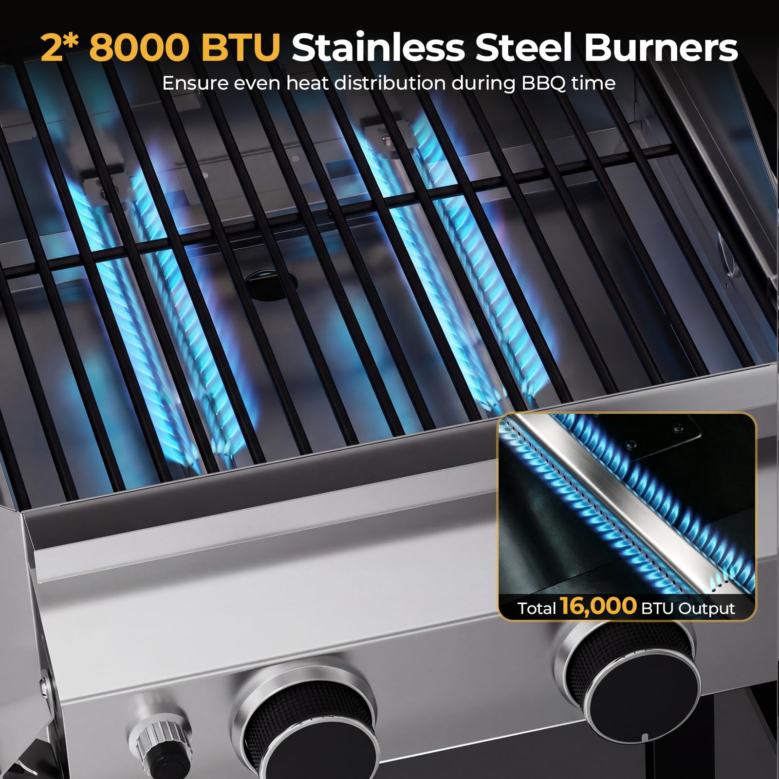 2 Burner 16,000 BTU Stainless Steel Propane Gas Grill with Folding Side Tables, Convertible to Tabletop Design