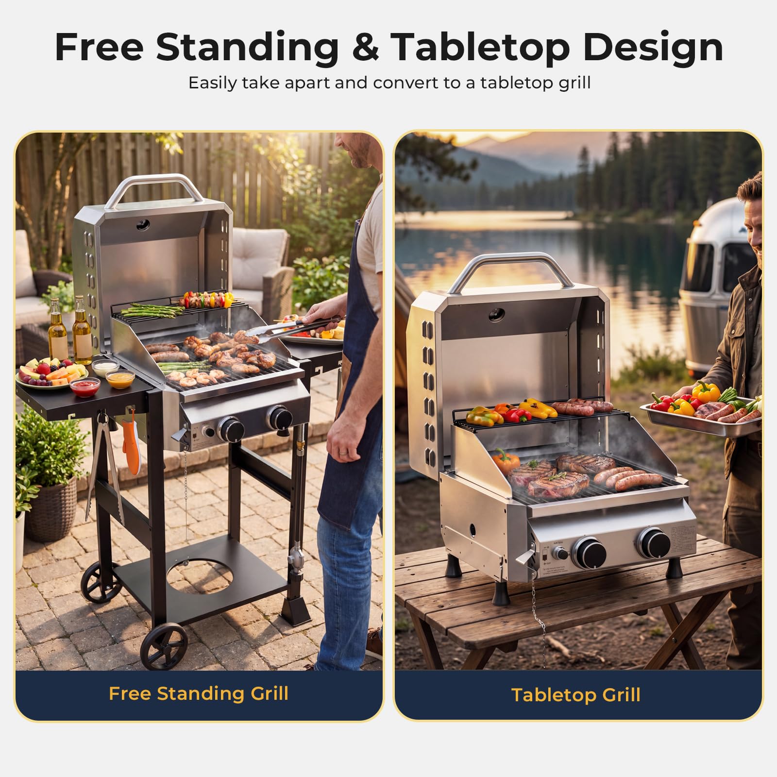 2 Burner 16,000 BTU Stainless Steel Propane Gas Grill with Folding Side Tables, Convertible to Tabletop Design