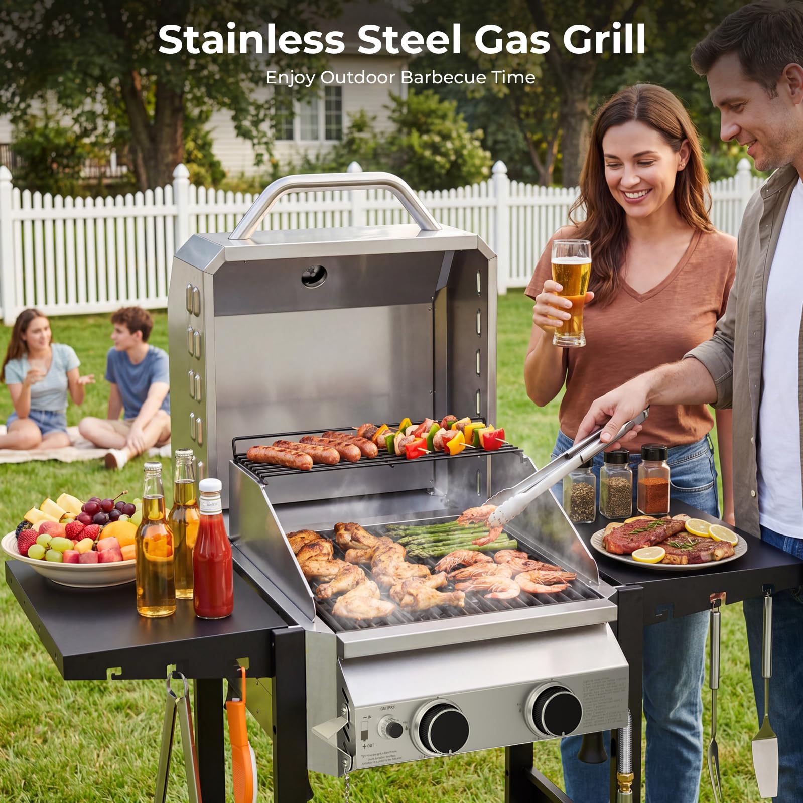 2 Burner 16,000 BTU Stainless Steel Propane Gas Grill with Folding Side Tables, Convertible to Tabletop Design