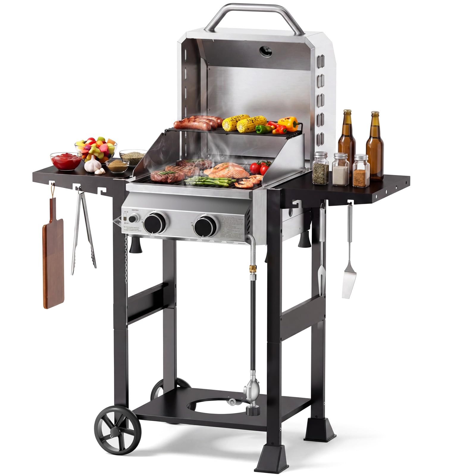 2 Burner 16,000 BTU Stainless Steel Propane Gas Grill with Folding Side Tables, Convertible to Tabletop Design
