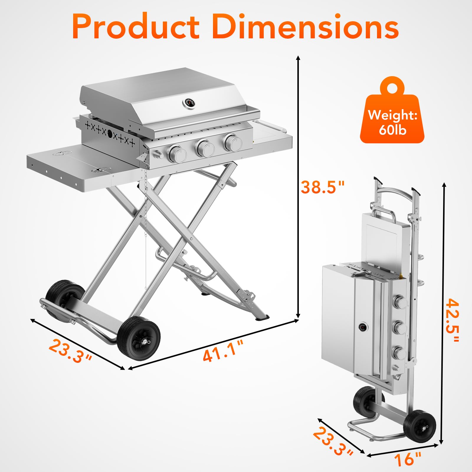 3-Burner Propane Gas Griddle SUS304 Stainless Steel 24000 BTU with Collapsible Stand