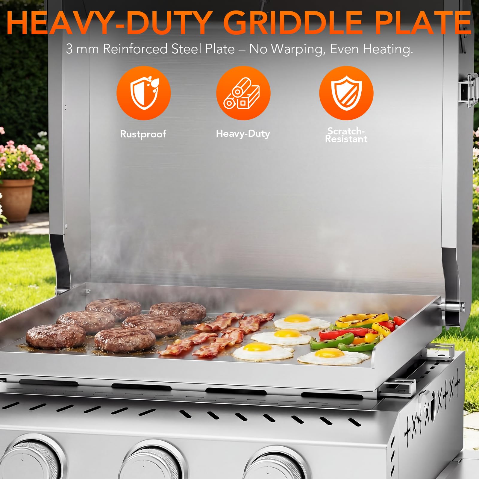 3-Burner Propane Gas Griddle SUS304 Stainless Steel 24000 BTU with Collapsible Stand