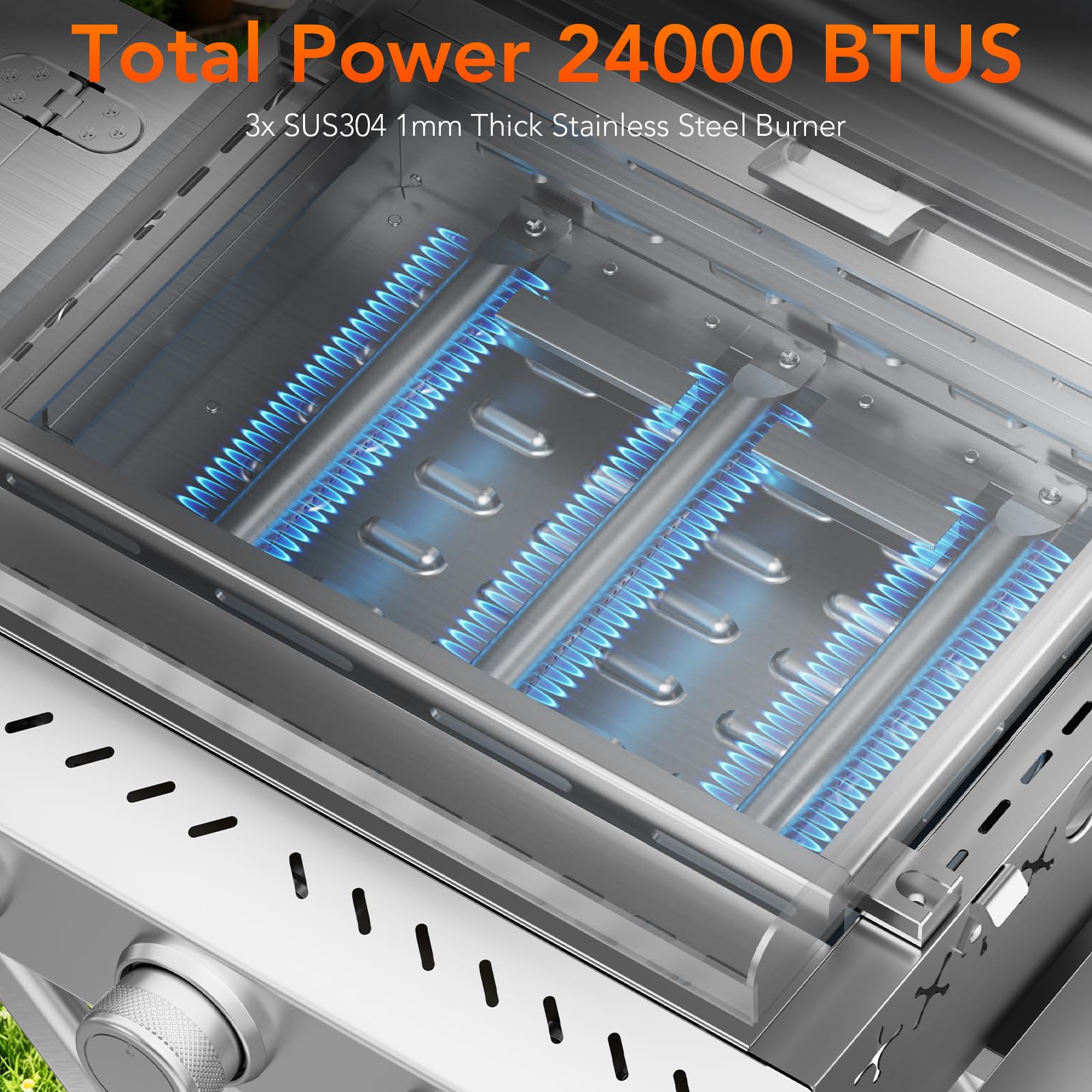 3-Burner Propane Gas Griddle SUS304 Stainless Steel 24000 BTU with Collapsible Stand