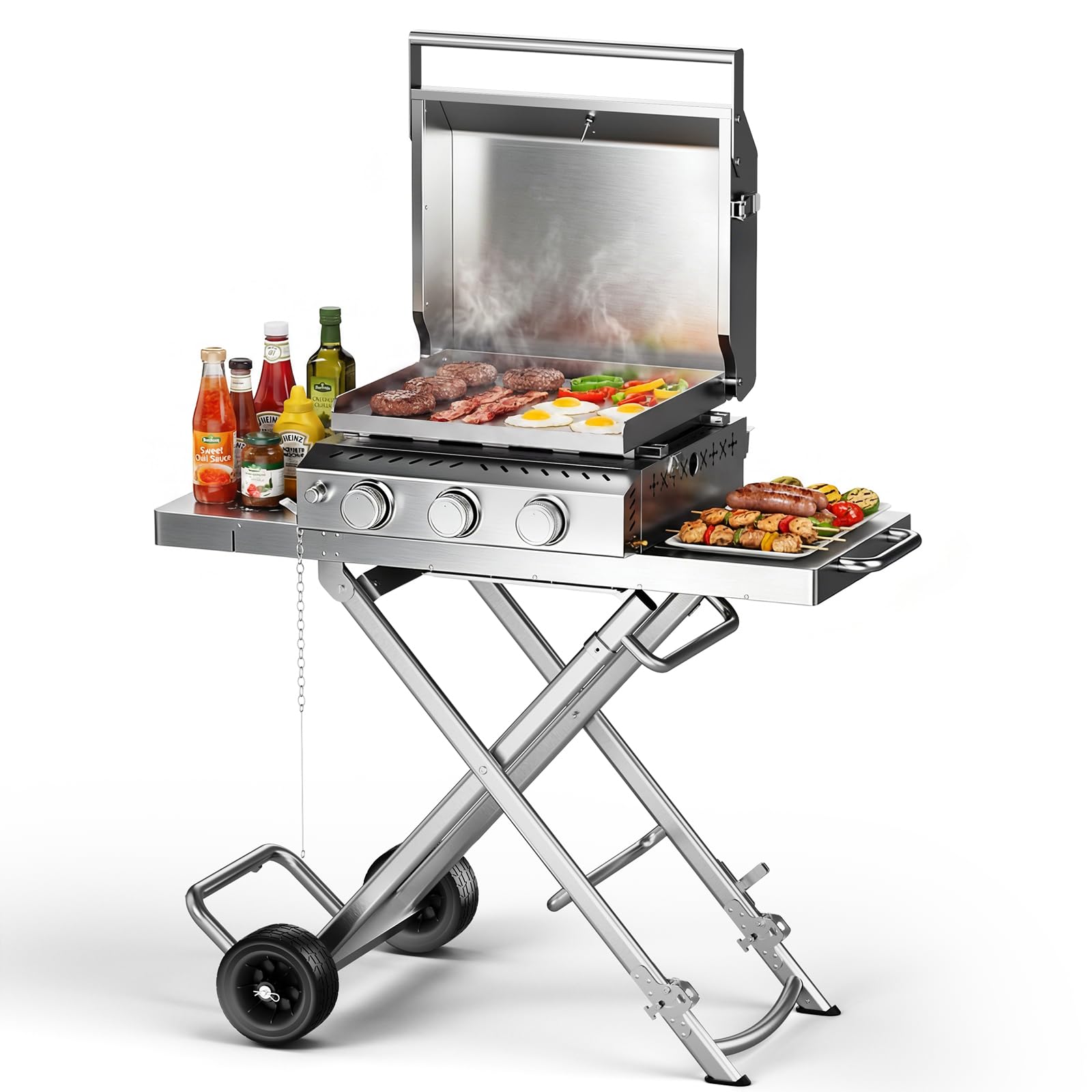 3-Burner Propane Gas Griddle SUS304 Stainless Steel 24000 BTU with Collapsible Stand