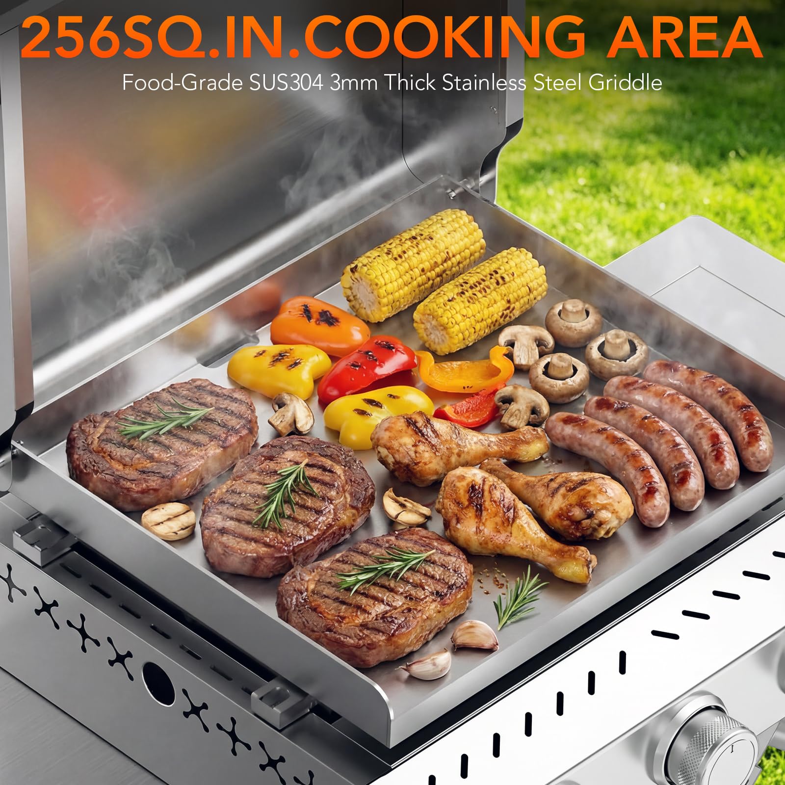 3-Burner Propane Gas Griddle SUS304 Stainless Steel 24000 BTU with Collapsible Stand
