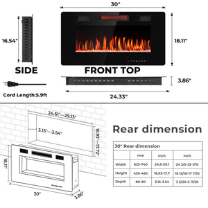 R.W.FLAME 30-68 Inch Electric Fireplace Ultra-Thin Recessed and Wall Mounted with Adjustable Flame and Remote, 750-1500W