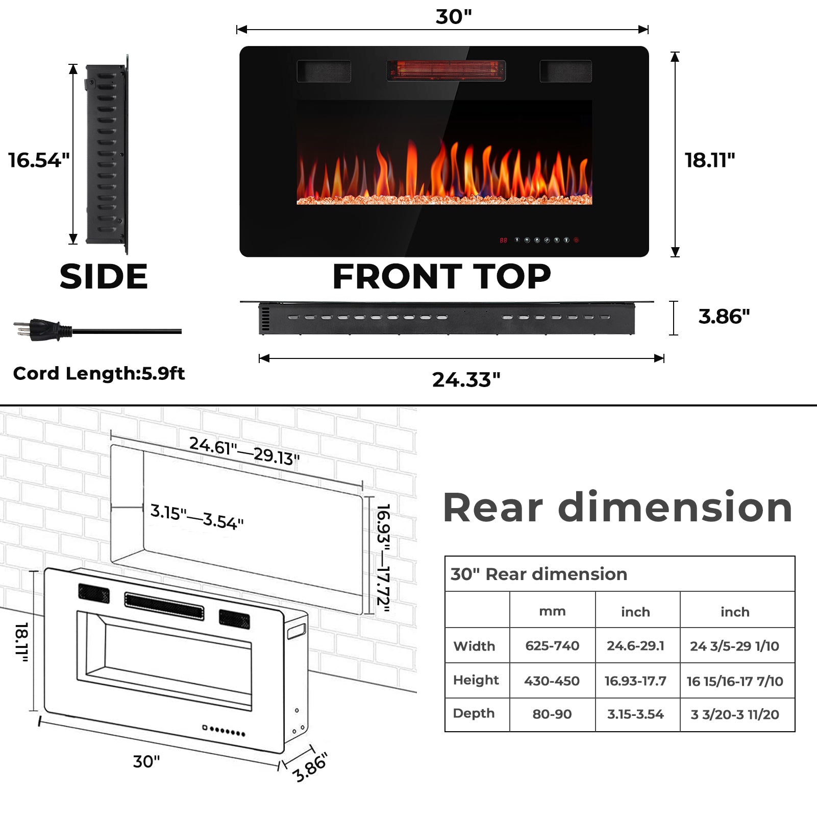 R.W.FLAME 30-68 Inch Recessed and Wall Mounted Electric Fireplace with Remote Control Adjustable Flame Color and Speed, 750-1500W