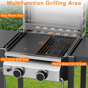 Propane Gas BBQ Grill 2-Burner Barbecue Grills with Cast Iron Frying Pan and Grates Combo, 16000 BTU Output Stainless Steel Grill for Outdoor Cooking, Patio, Backyard Party R.W.FLAME
