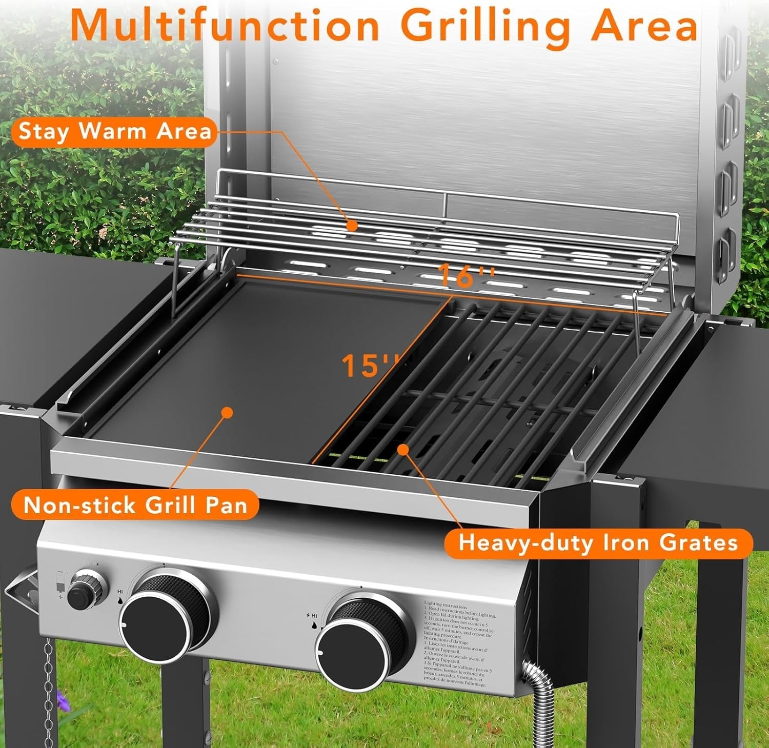 Propane Gas BBQ Grill 2-Burner Barbecue Grills with Cast Iron Frying Pan and Grates Combo, 16000 BTU Output Stainless Steel Grill for Outdoor Cooking, Patio, Backyard Party R.W.FLAME