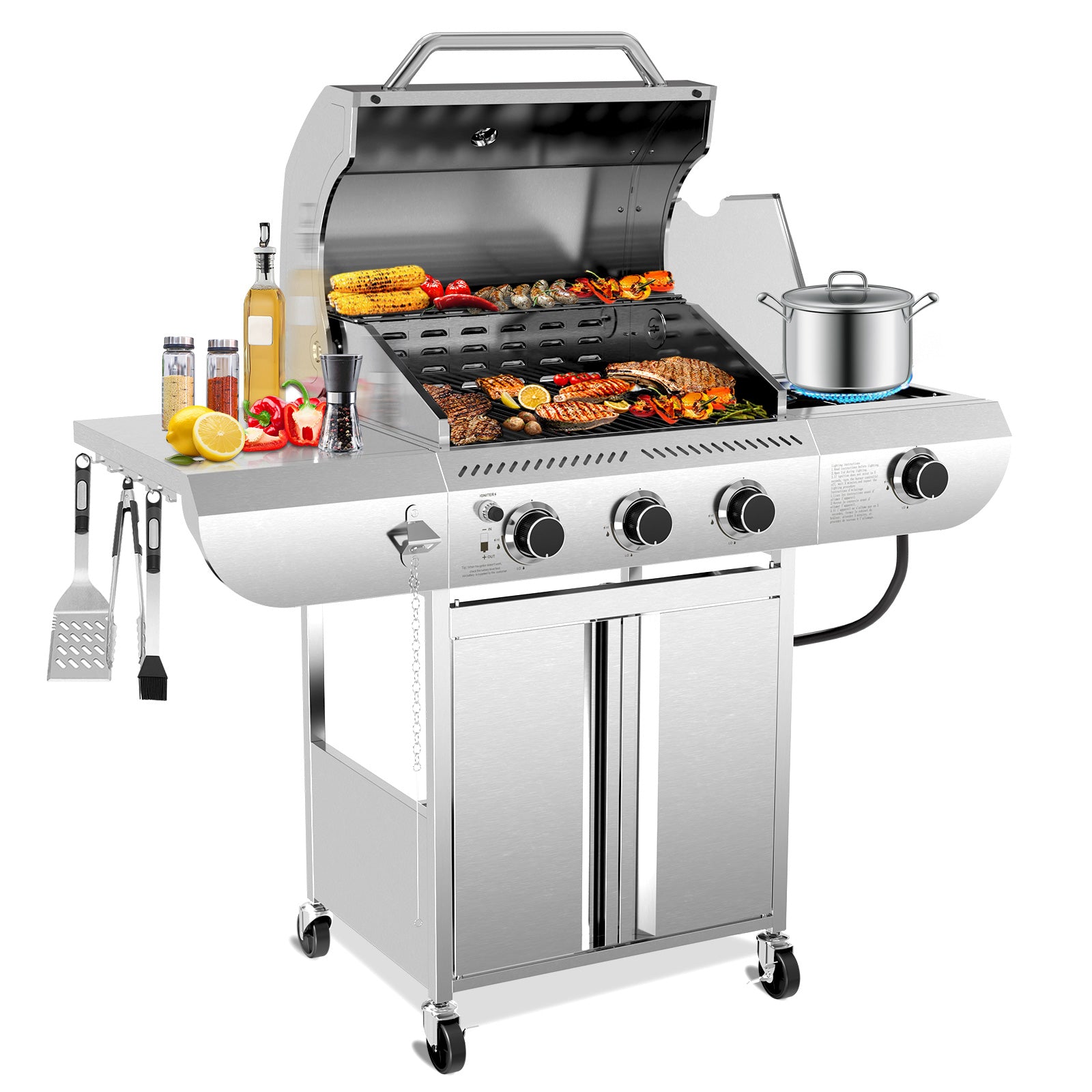 R.W.FLAME 3-Burner 34,000 BTU Stainless Steel Propane Gas Grill with Side Burner and Wheels