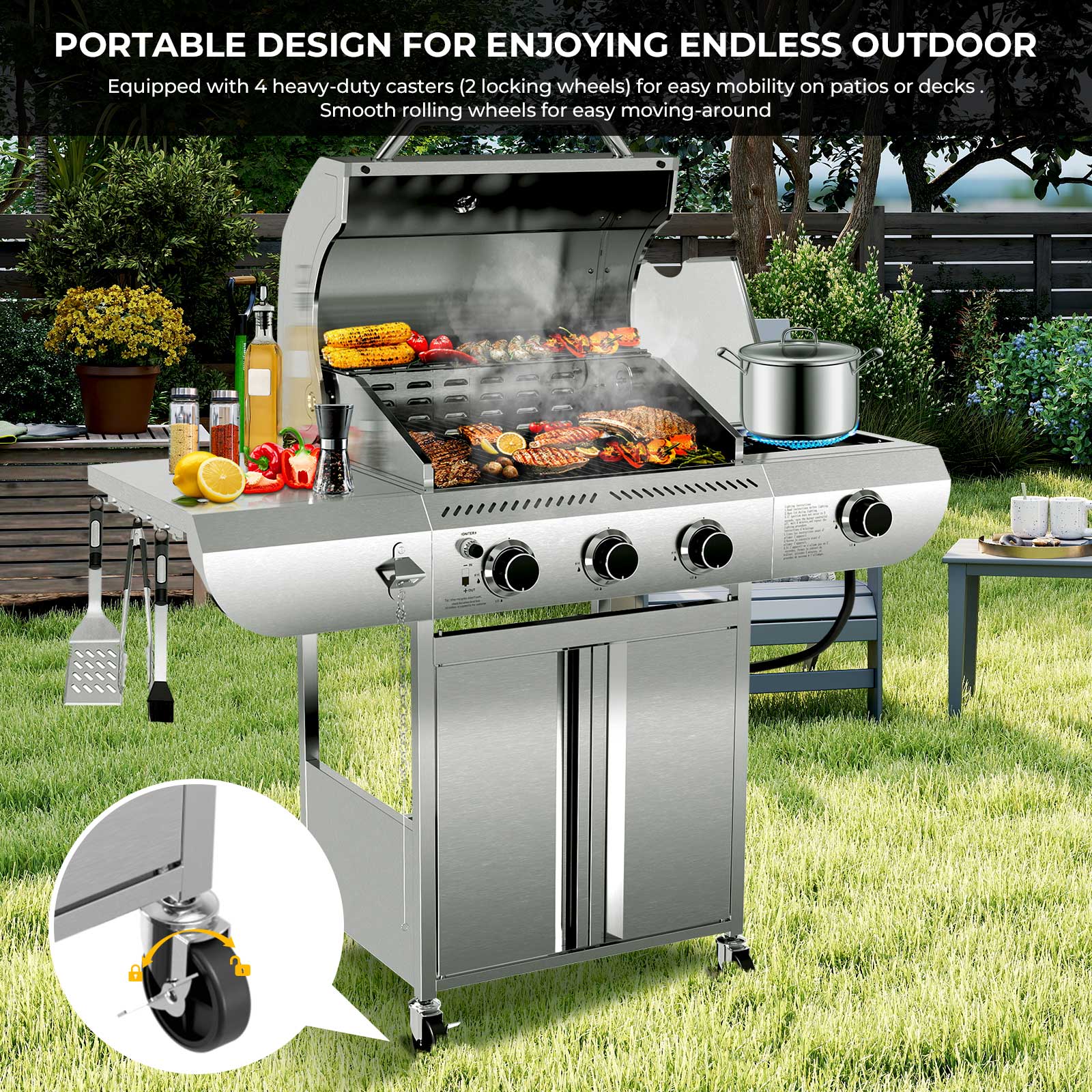 R.W.FLAME 3-Burner 34,000 BTU Stainless Steel Propane Gas Grill with Side Burner and Wheels