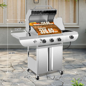 R.W.FLAME 3-Burner 34,000 BTU Stainless Steel Propane Gas Grill with Side Burner and Wheels