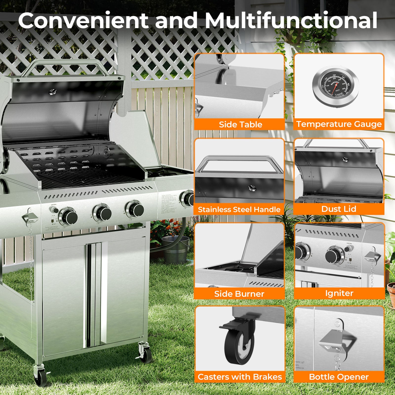 R.W.FLAME 3-Burner 34,000 BTU Stainless Steel Propane Gas Grill with Side Burner and Wheels