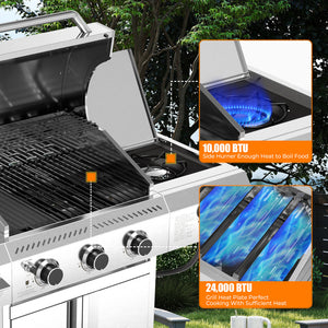 R.W.FLAME 3-Burner 34,000 BTU Stainless Steel Propane Gas Grill with Side Burner and Wheels