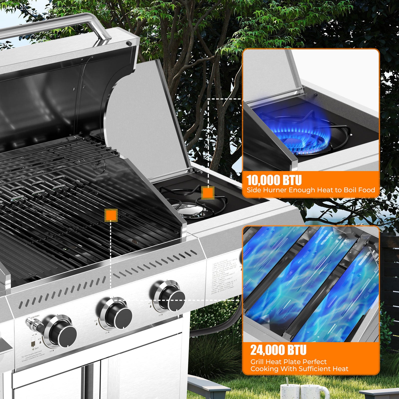 R.W.FLAME 3-Burner 34,000 BTU Stainless Steel Propane Gas Grill with Side Burner and Wheels