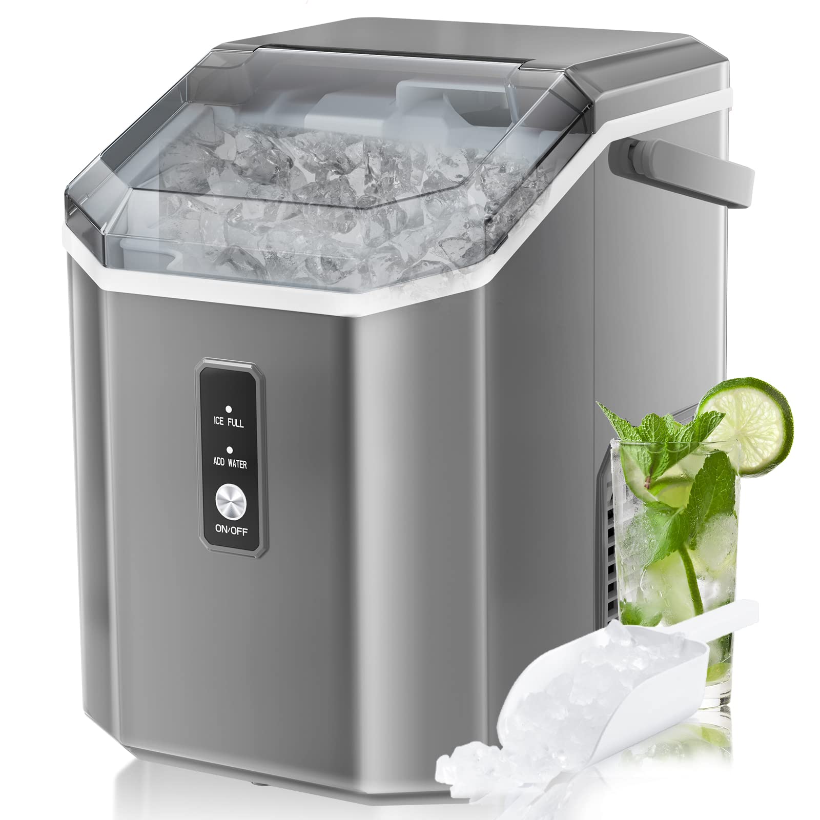 Nugget Countertop Ice Maker with Soft Chewable Ice, 34lbs/24H, Pebble Portable Ice Machine with Ice Scoop, Self-Cleaning - Silver