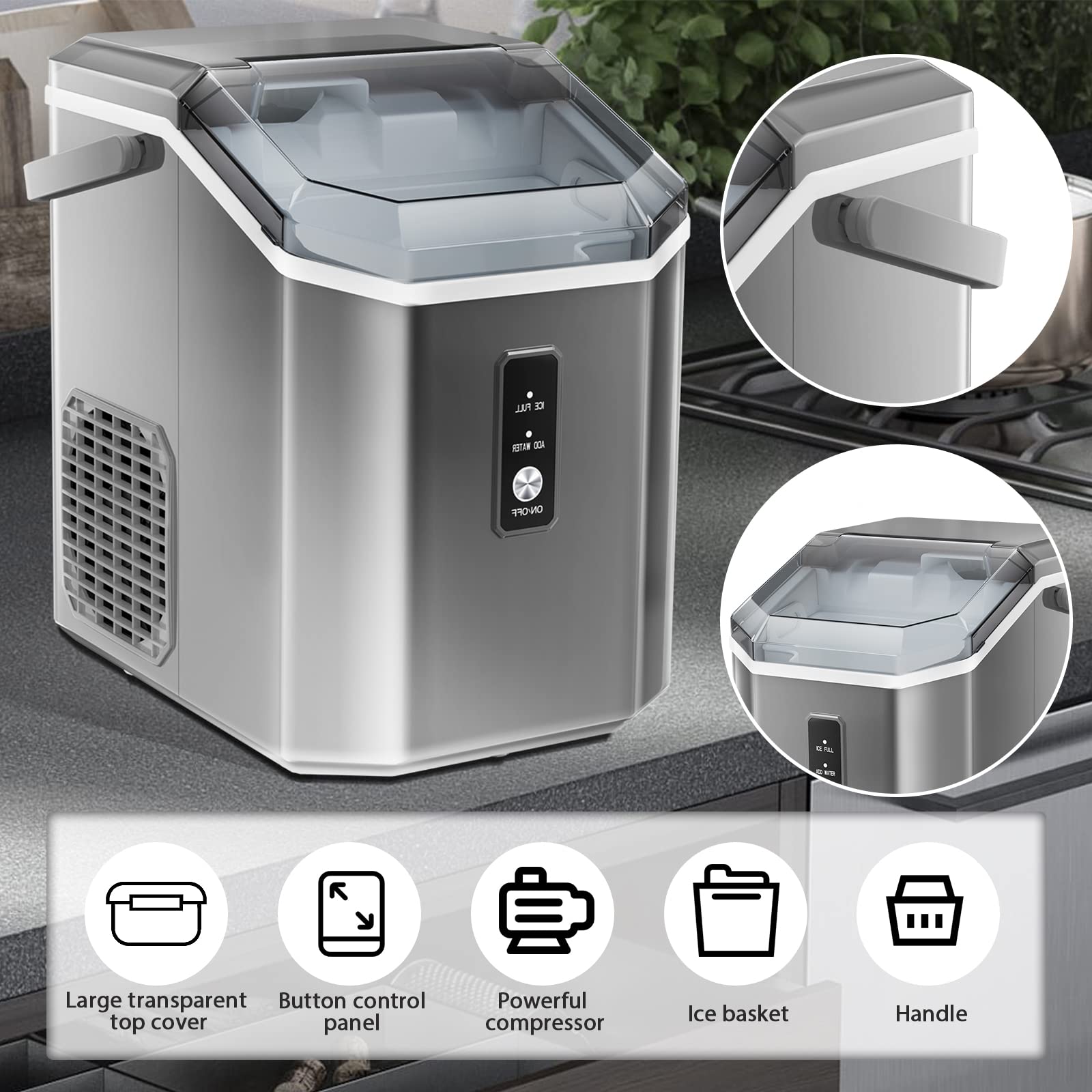 Litake Nugget Ice Maker Countertop with Soft Chewable Ice, Rapid Ice Making in 6-8min, 33lbs/24H, Auto-Cleaning,Food-Grade Internal Plastic,Water