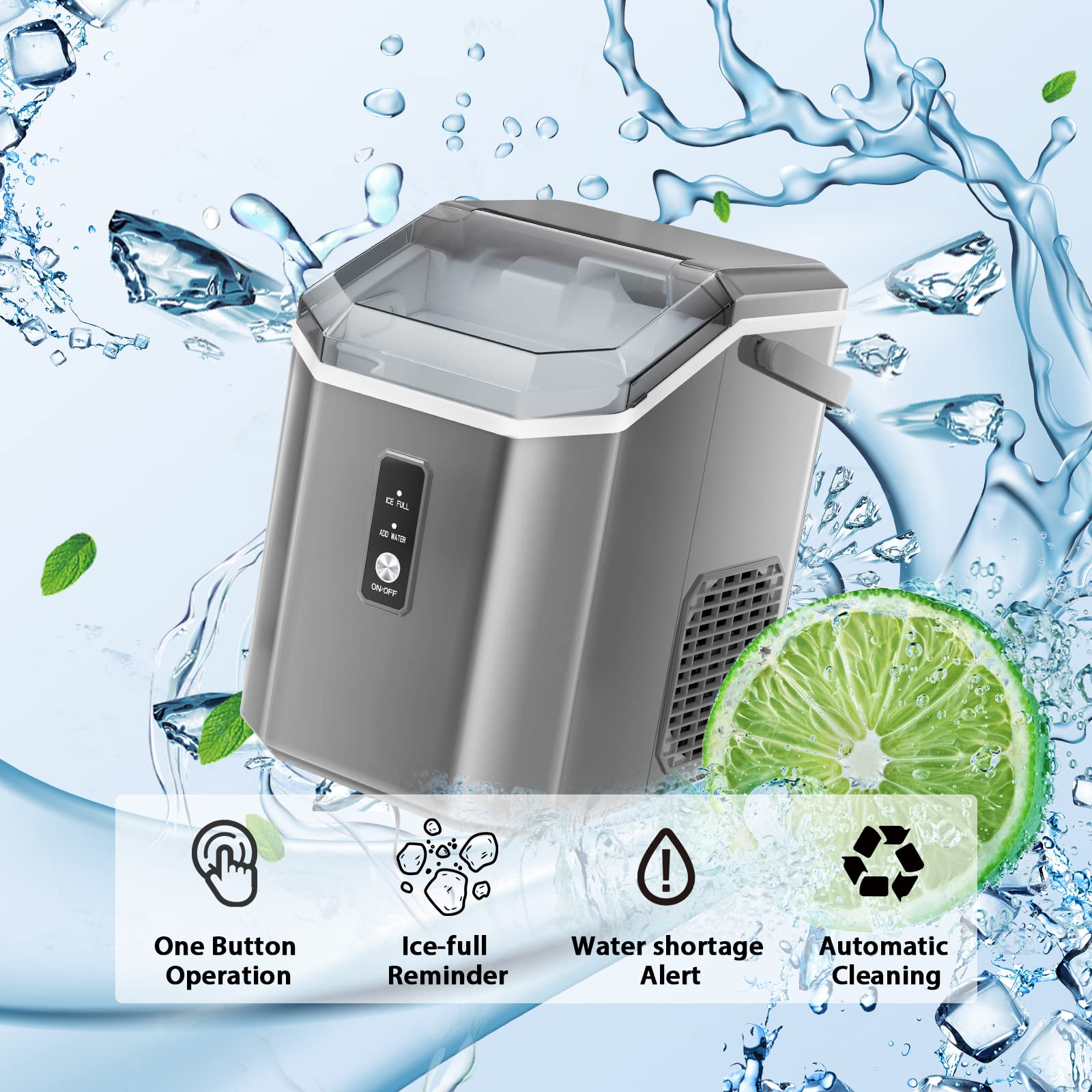 Nugget Countertop Ice Maker with Soft Chewable Ice, 34lbs/24H, Pebble Portable Ice Machine with Ice Scoop, Self-Cleaning - Silver