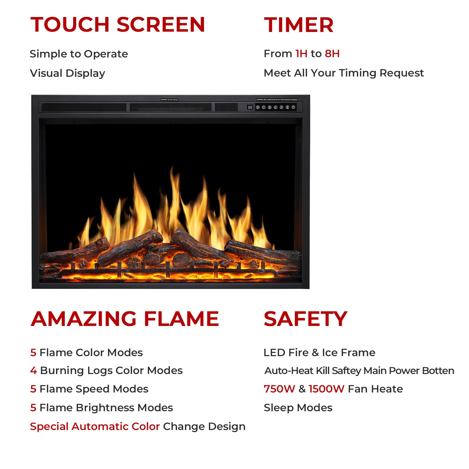 R.W.FLAME 34''Electric Fireplace Insert, Infrared Electric Fireplace,  750W/1500W