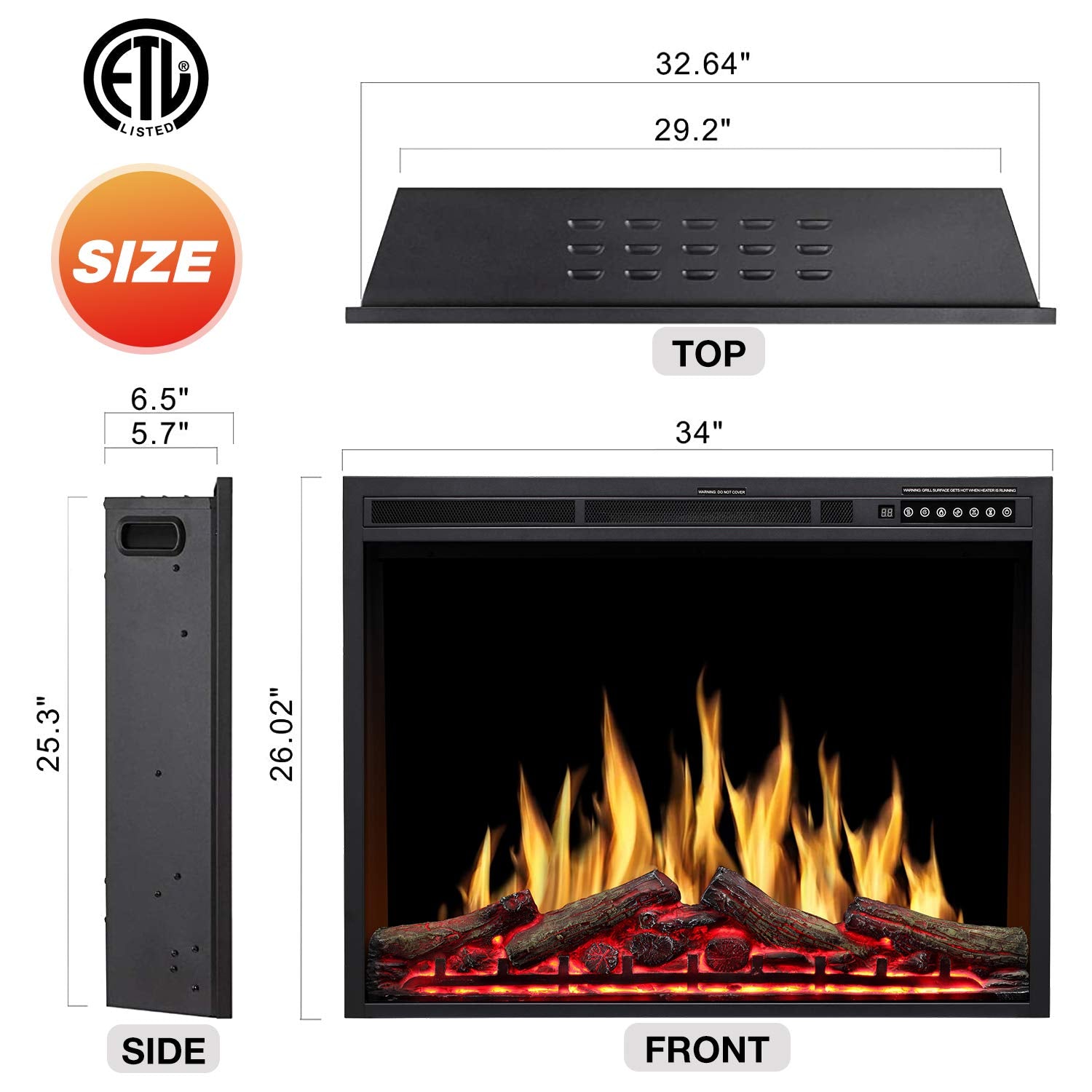 R.W.FLAME 34''Electric Fireplace Insert, Infrared Electric Fireplace,  750W/1500W