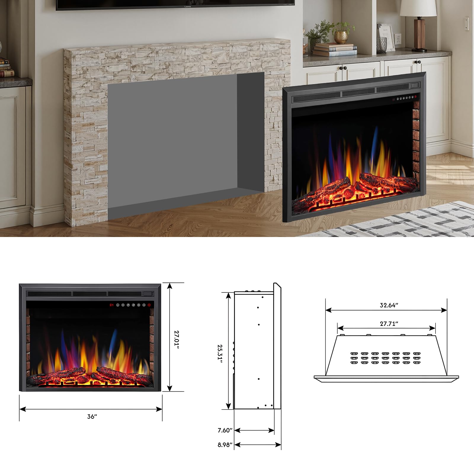 R.W.FLAME 36/39 Inch Electric Fireplace Insert with Adjustable Flame Colors and Brightness 8-Hour Timer, 750W-1500W
