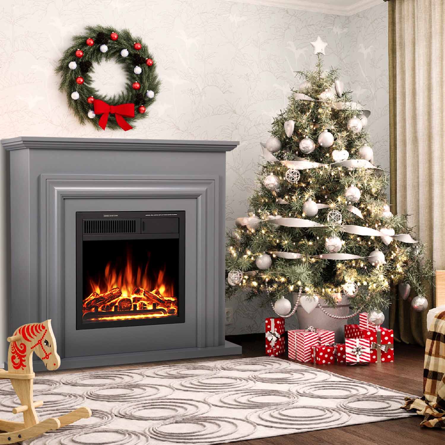 R.W.FLAME 36 Inch Electric Fireplace Mantel Wooden Surround Firebox with Adjustable Led Flame, 750W/1500W