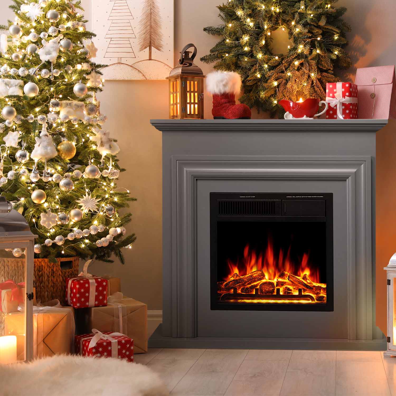 R.W.FLAME 36 Inch Electric Fireplace Mantel Wooden Surround Firebox with Adjustable Led Flame, 750W/1500W