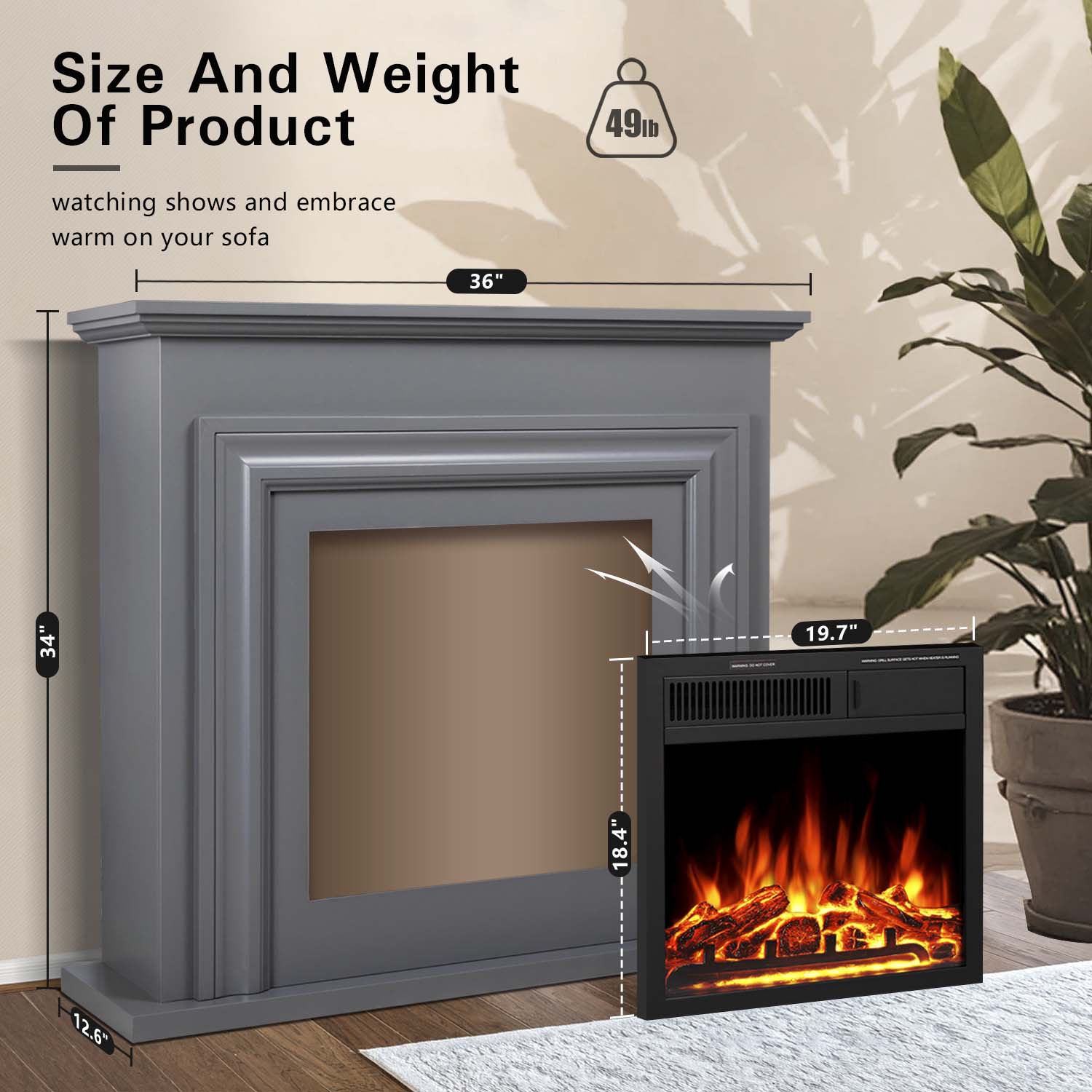 R.W.FLAME 36 Inch Electric Fireplace Mantel Wooden Surround Firebox with Adjustable Led Flame, 750W/1500W