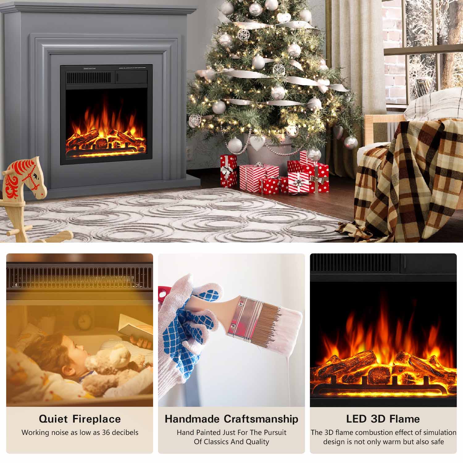 R.W.FLAME 36 Inch Electric Fireplace Mantel Wooden Surround Firebox with Adjustable Led Flame, 750W/1500W