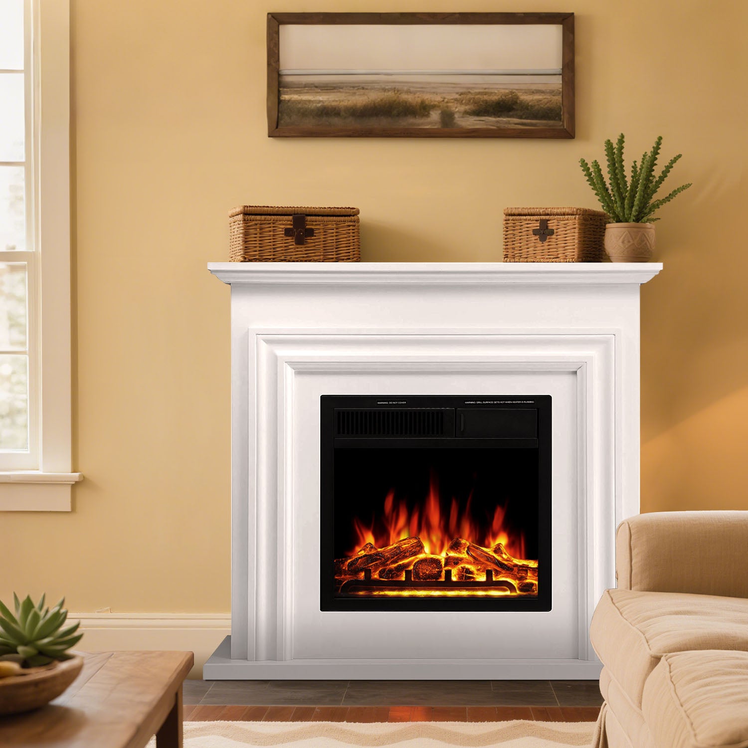R.W.FLAME 36 Inch Electric Fireplace Mantel Wooden Surround Firebox with Adjustable Led Flame, 750W/1500W