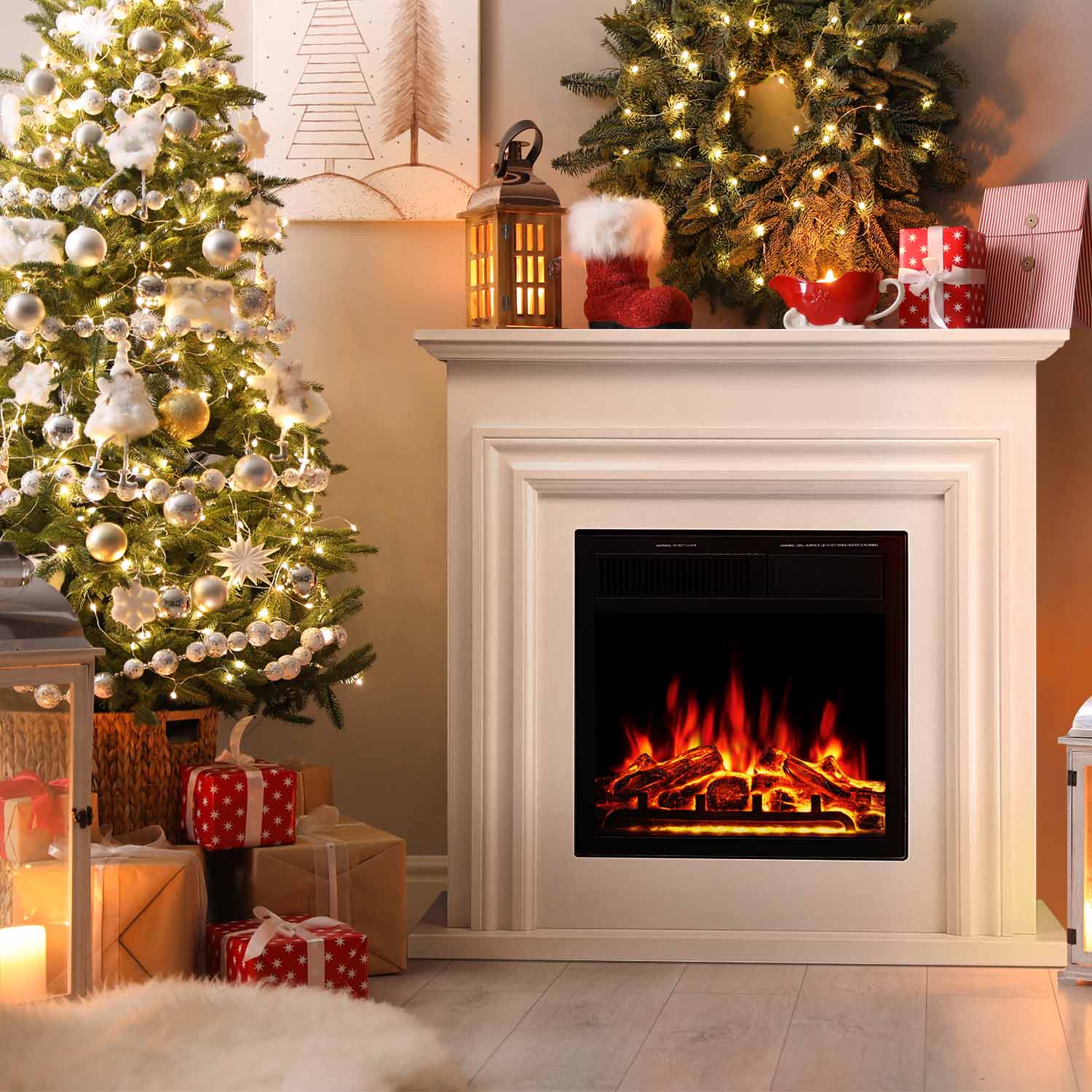 R.W.FLAME 36 Inch Electric Fireplace Mantel Wooden Surround Firebox with Adjustable Led Flame, 750W/1500W