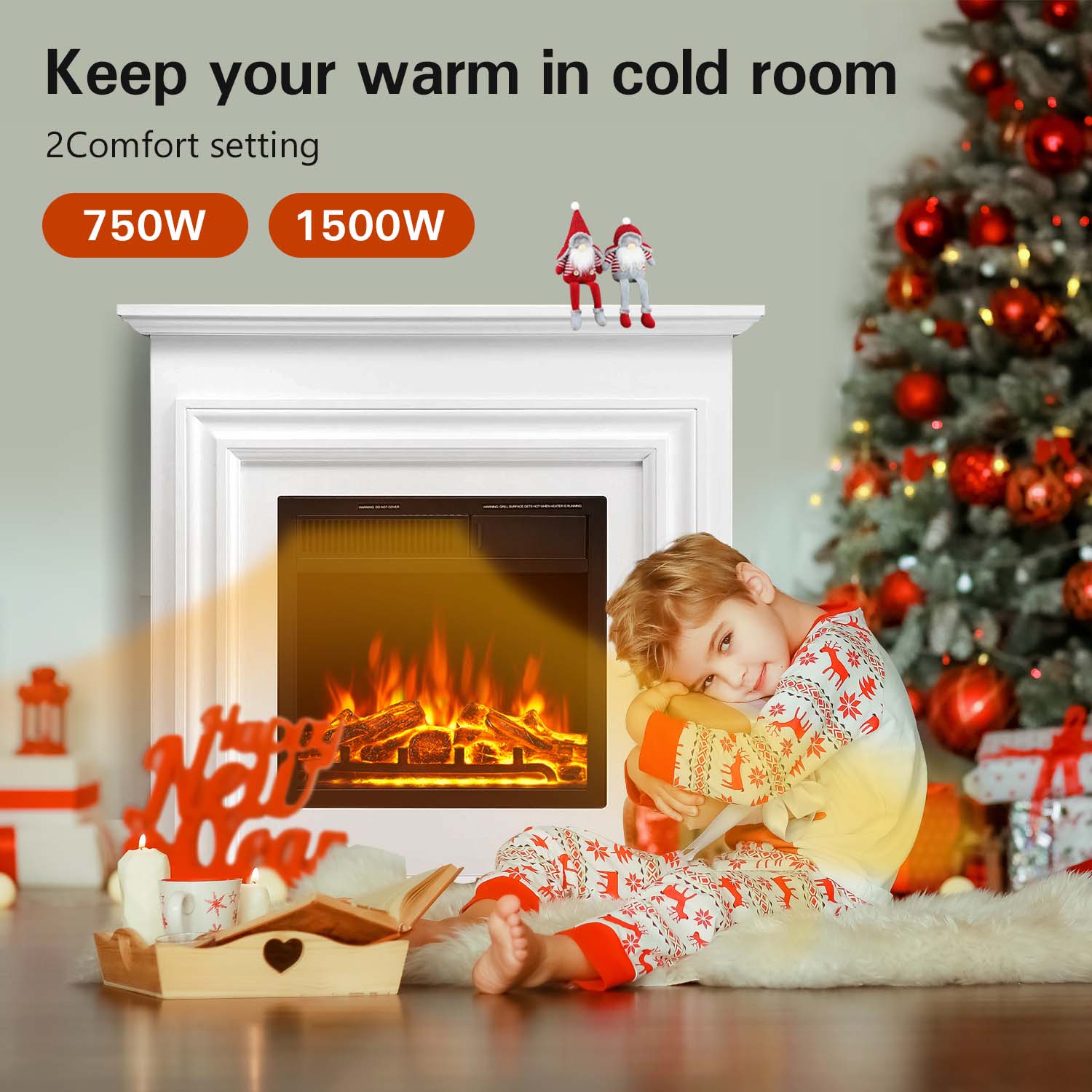 R.W.FLAME 36 Inch Electric Fireplace Mantel Wooden Surround Firebox with Adjustable Led Flame, 750W/1500W