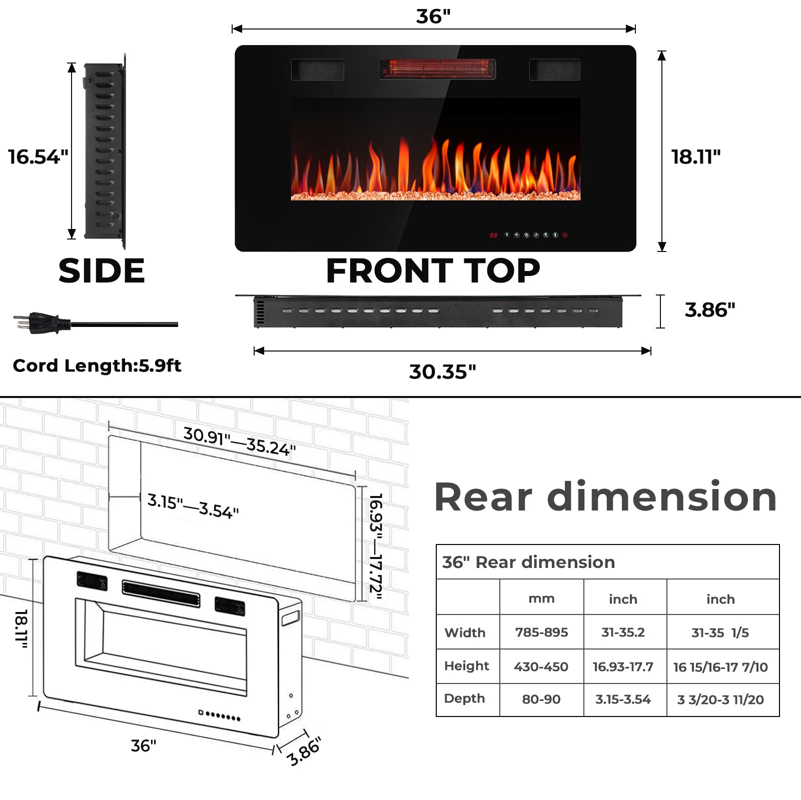 R.W.FLAME 30-68 Inch Recessed and Wall Mounted Electric Fireplace with Remote Control Adjustable Flame Color and Speed, 750-1500W