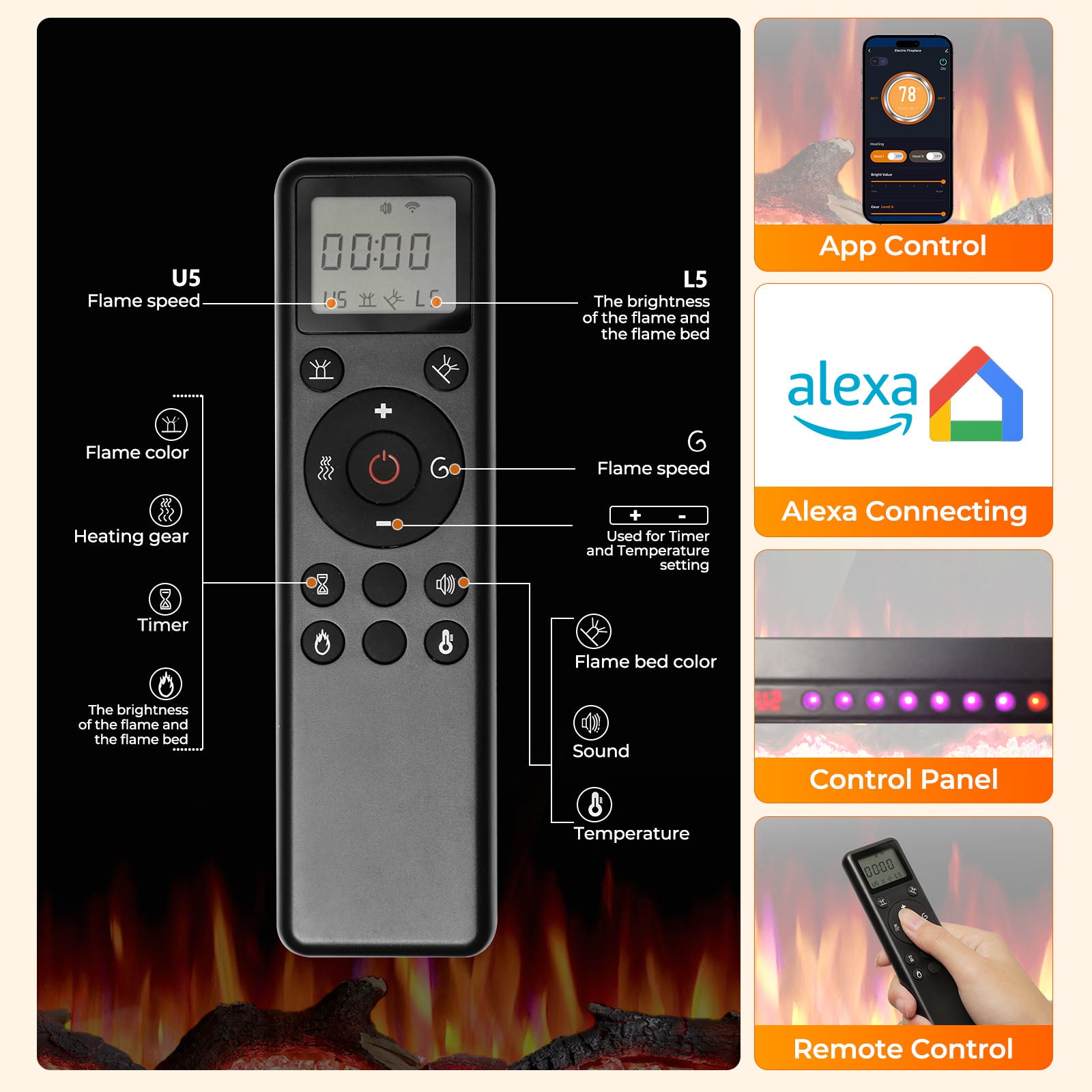 R.W.FLAME 36/50 Inch Smart Electric Fireplace Recessed Wall Mounted with Adjustable Flame Colors and Speed Alexa/WiFi Enabled
