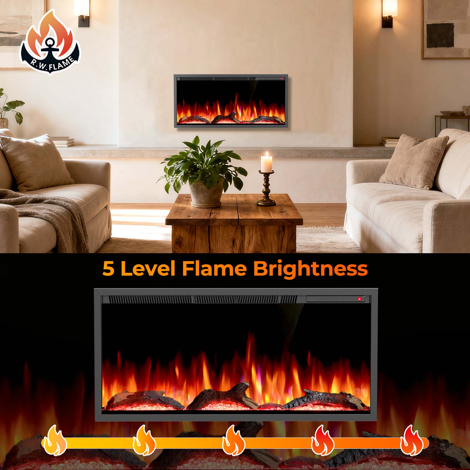 Smart Electric Fireplace Recessed Wall Mounted 36/50 Inch Alexa/WiFi Enabled C4
