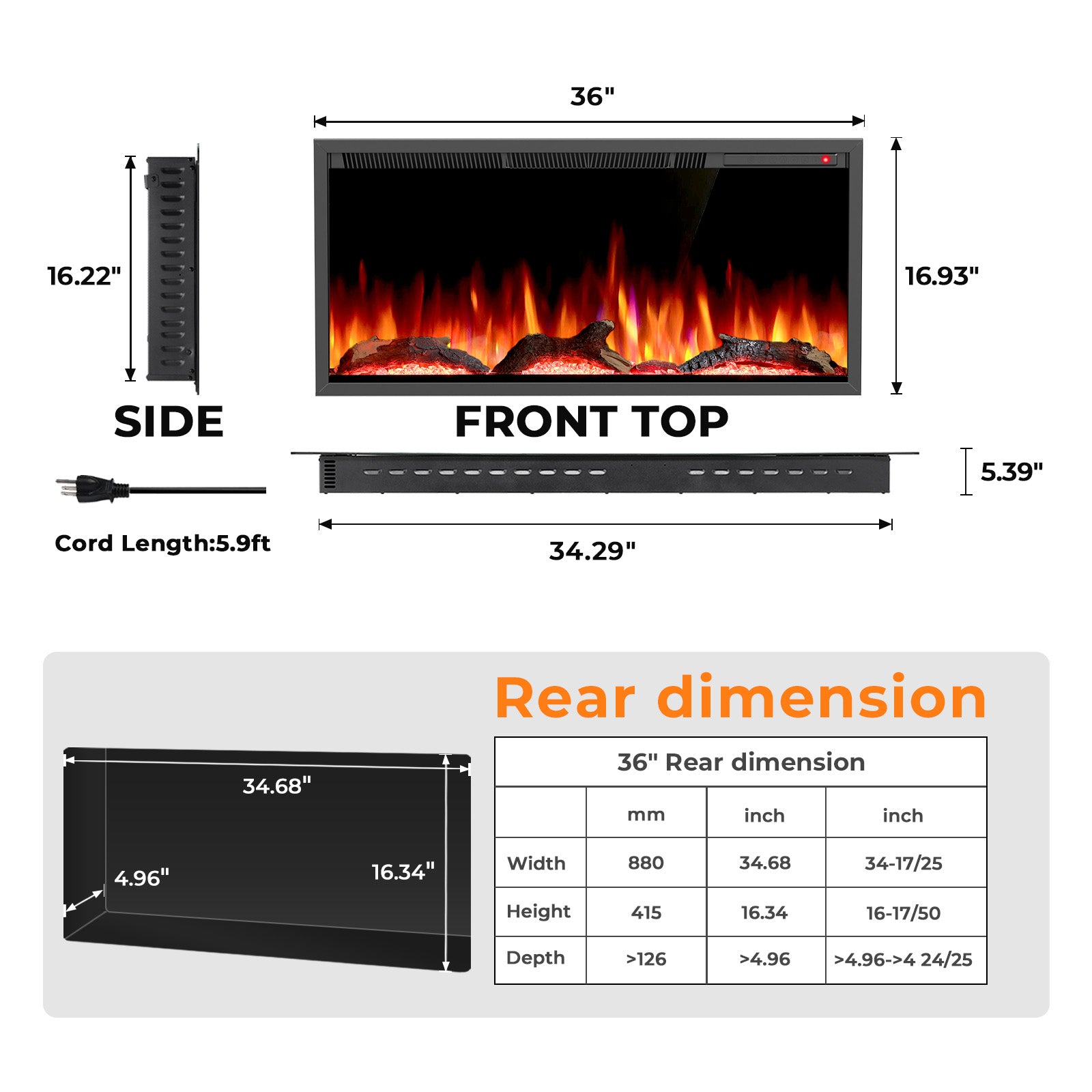 Smart Electric Fireplace Recessed Wall Mounted 36/50 Inch Alexa/WiFi Enabled C4