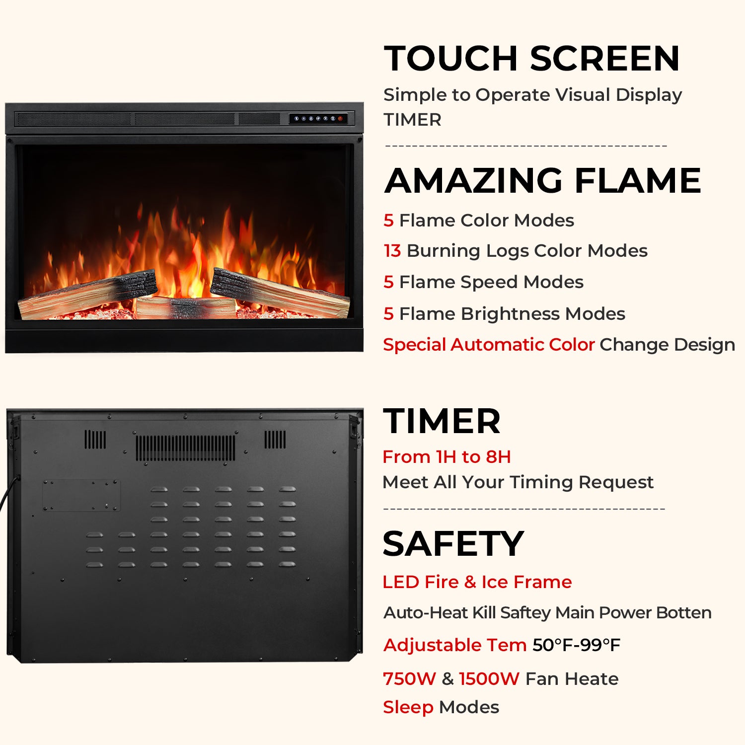 R.W.FLAME 36"/39" Electric Fireplace Insert with Remote Adjustable Temperature and Flame 750/1500W