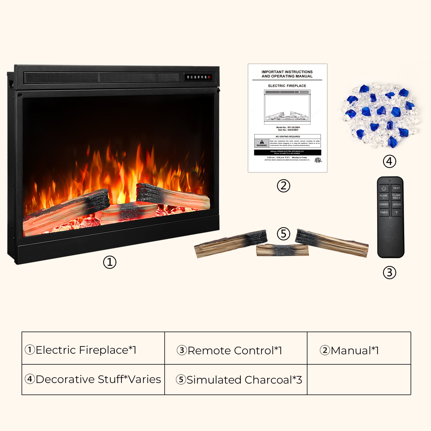 R.W.FLAME 36"/39" Electric Fireplace Insert with Remote Adjustable Temperature and Flame 750/1500W