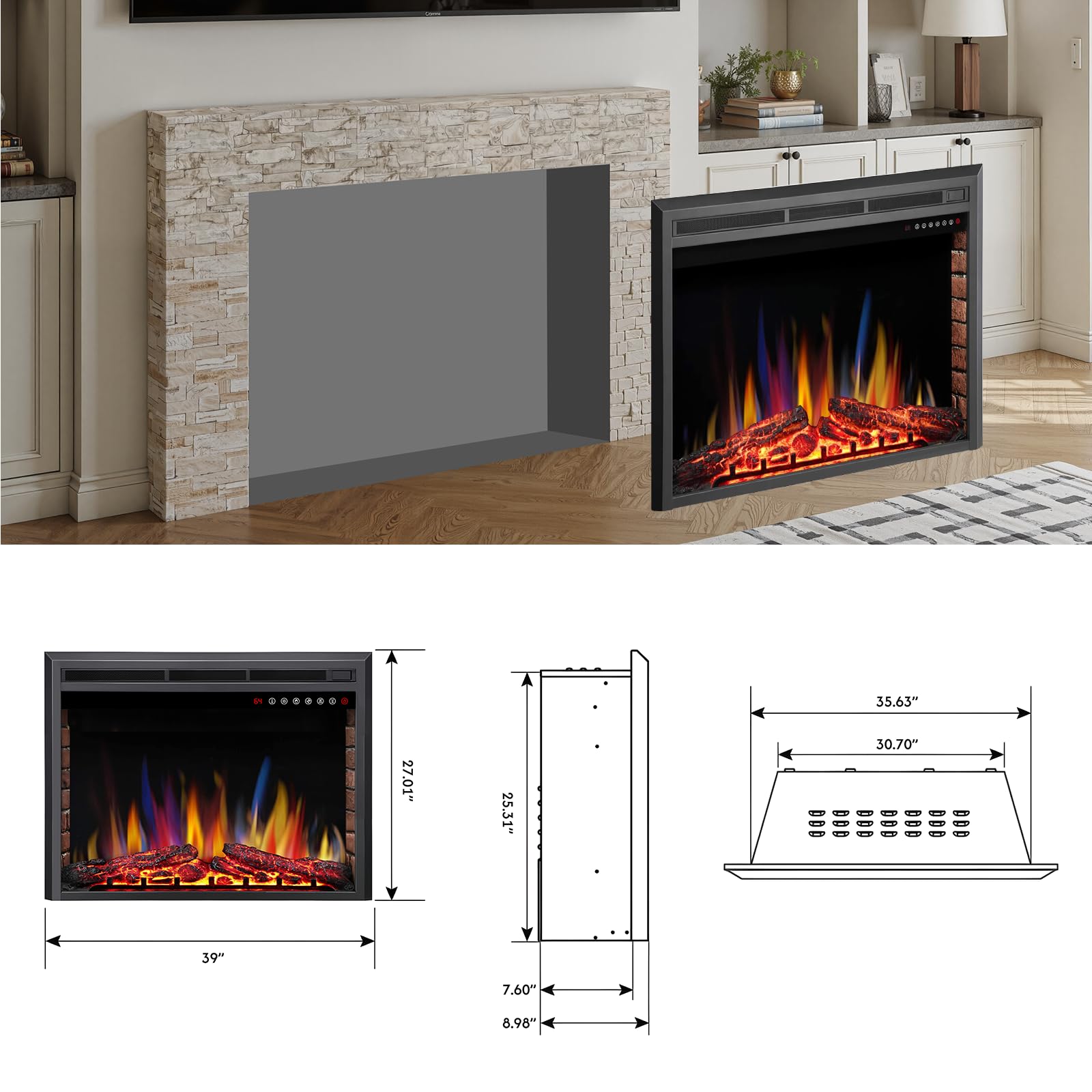 R.W.FLAME 36/39 Inch Electric Fireplace Insert with Adjustable Flame Colors and Brightness 8-Hour Timer, 750W-1500W