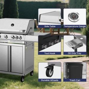 R.W.FLAME 4 Burner 42,000 BTU Propane Gas Grill with Side Burner and Stainless Steel Mesh for Camping Backyard R.W.FLAME