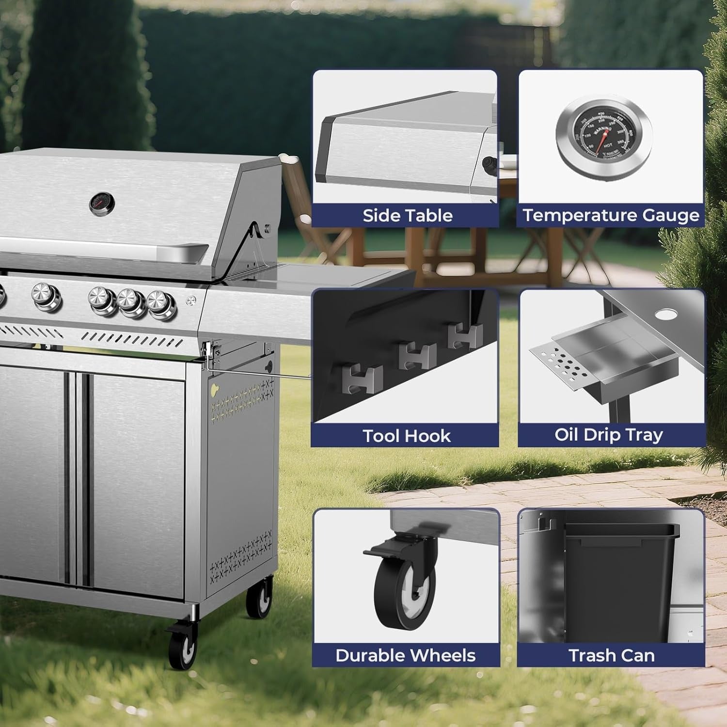 R.W.FLAME Food Grade 304 Stainless Steel 4-Burner Propane Gas Grill, Last-Long BBQ Grill with Side Burner, 42000 BTU Barbecue Grill with Cooking Grids & Cooking Tray & Pizza Stone for Backyard, Patio