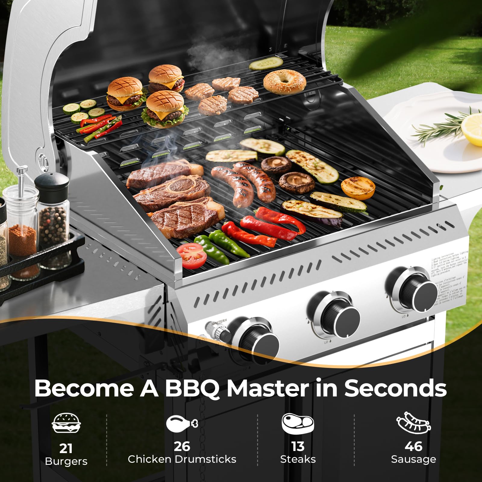 3-Burner Propane Gas Grill Stainless Steel 24000 BTU with Folding Side Tables