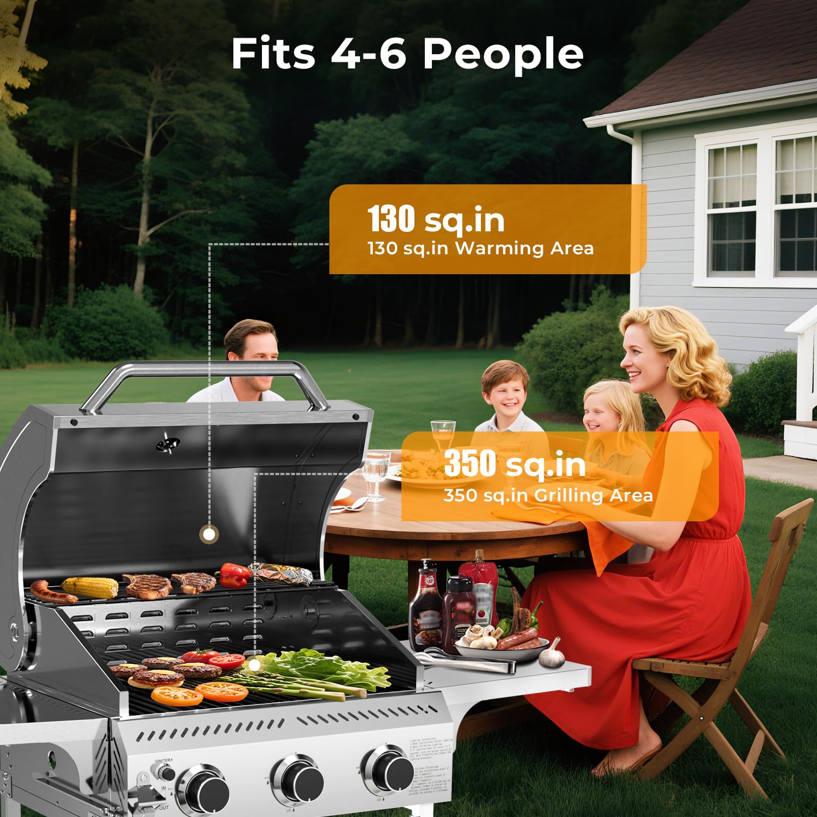 3-Burner Propane Gas Grill Stainless Steel 24000 BTU with Folding Side Tables