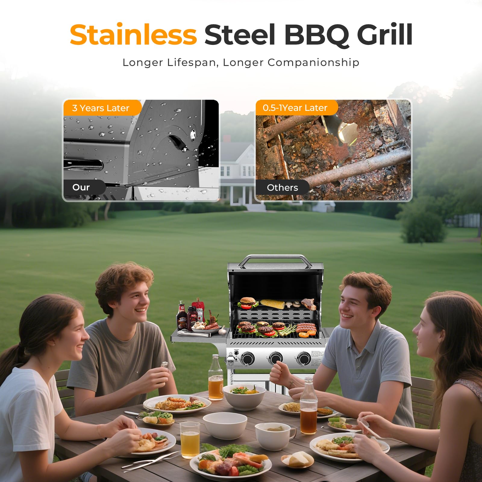 3-Burner Propane Gas Grill Stainless Steel 24000 BTU with Folding Side Tables