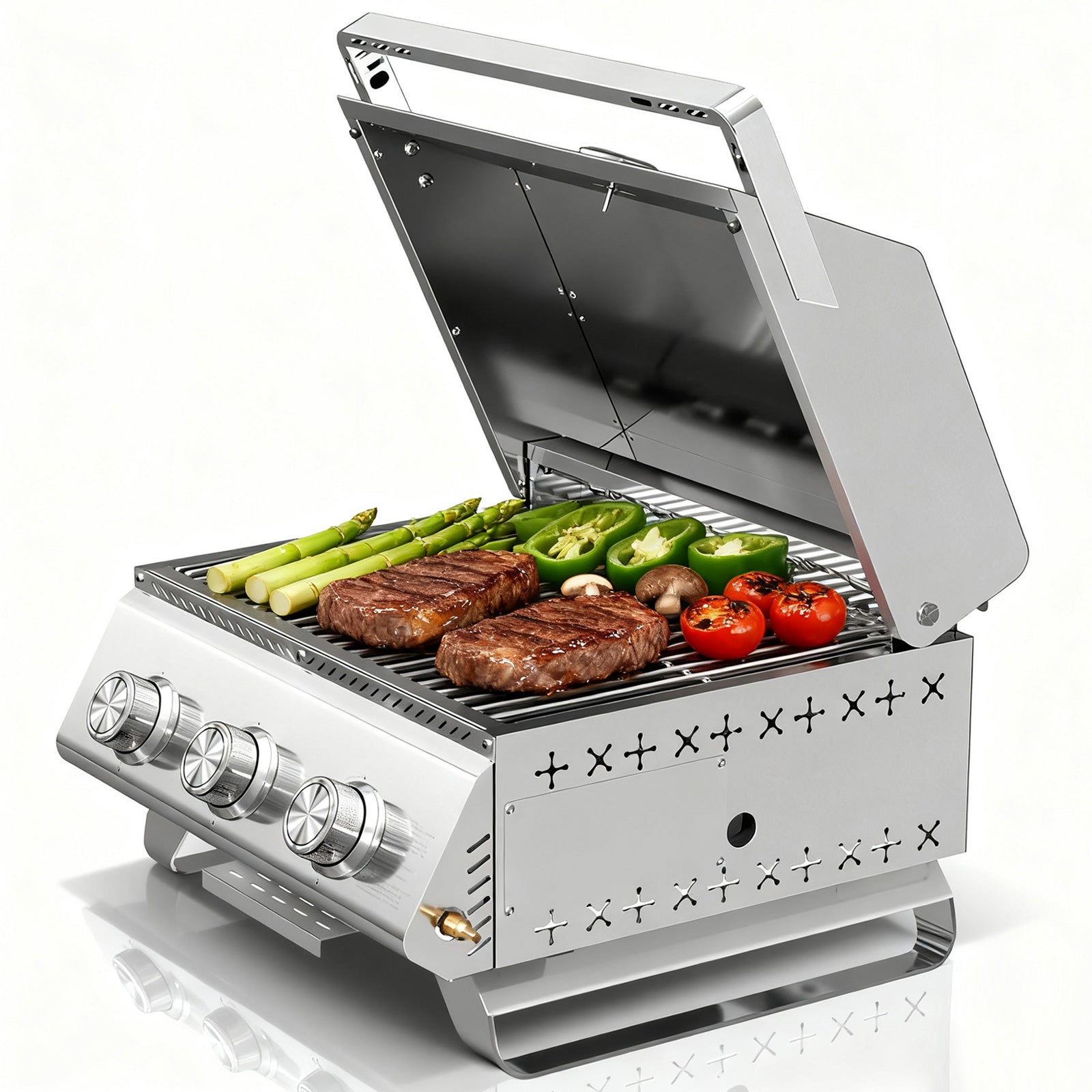 3 Burner Tabletop Propane Gas Grill 304 Stainless Steel 24000 BTU Parties Camping RV