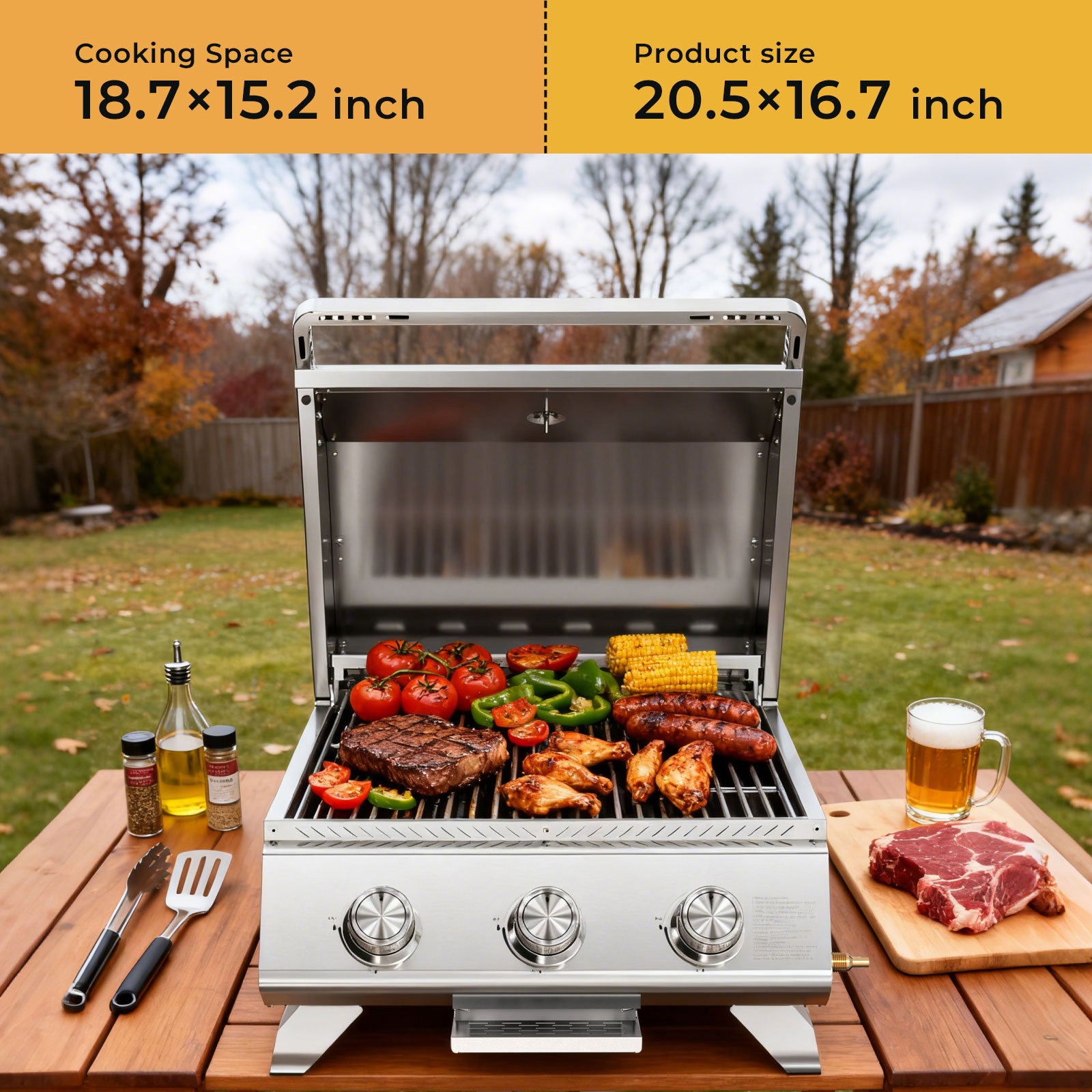 R.W.FLAME 3 Burner Tabletop Propane Gas Grill Stainless Steel Portable Outdoor BBQ Grill with Griddle